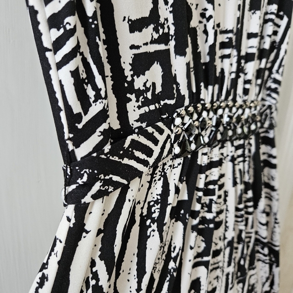 ICE Womens Hi-Low Beaded Waist Dress Size 14 Black White Abstract Short Sleeve - Picture 7 of 15